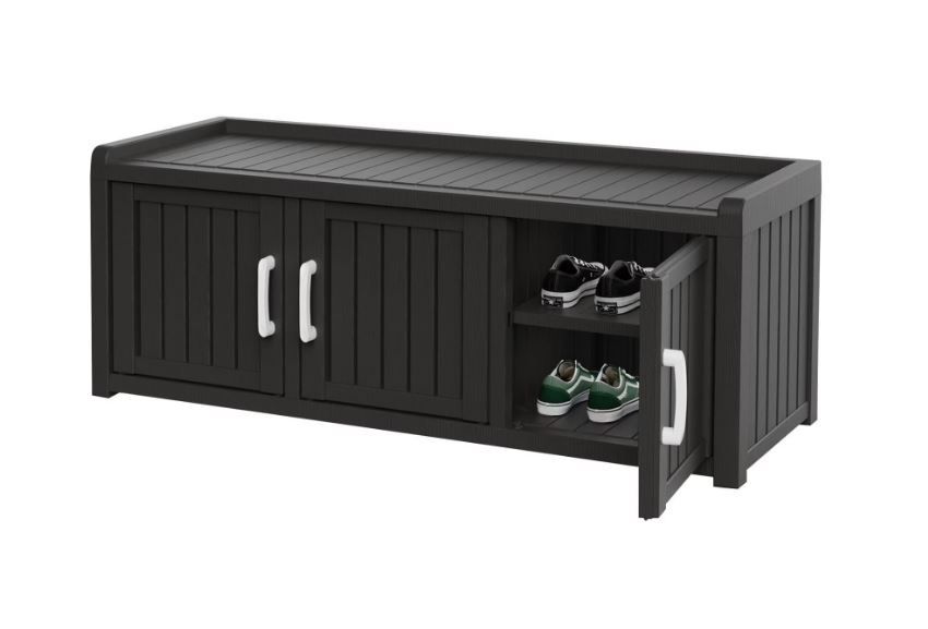 NEW! Storage Cabinet Bench Outdoor/Indoor w/3 Barn Doors w/Adjustable Shelves – Black 46”
