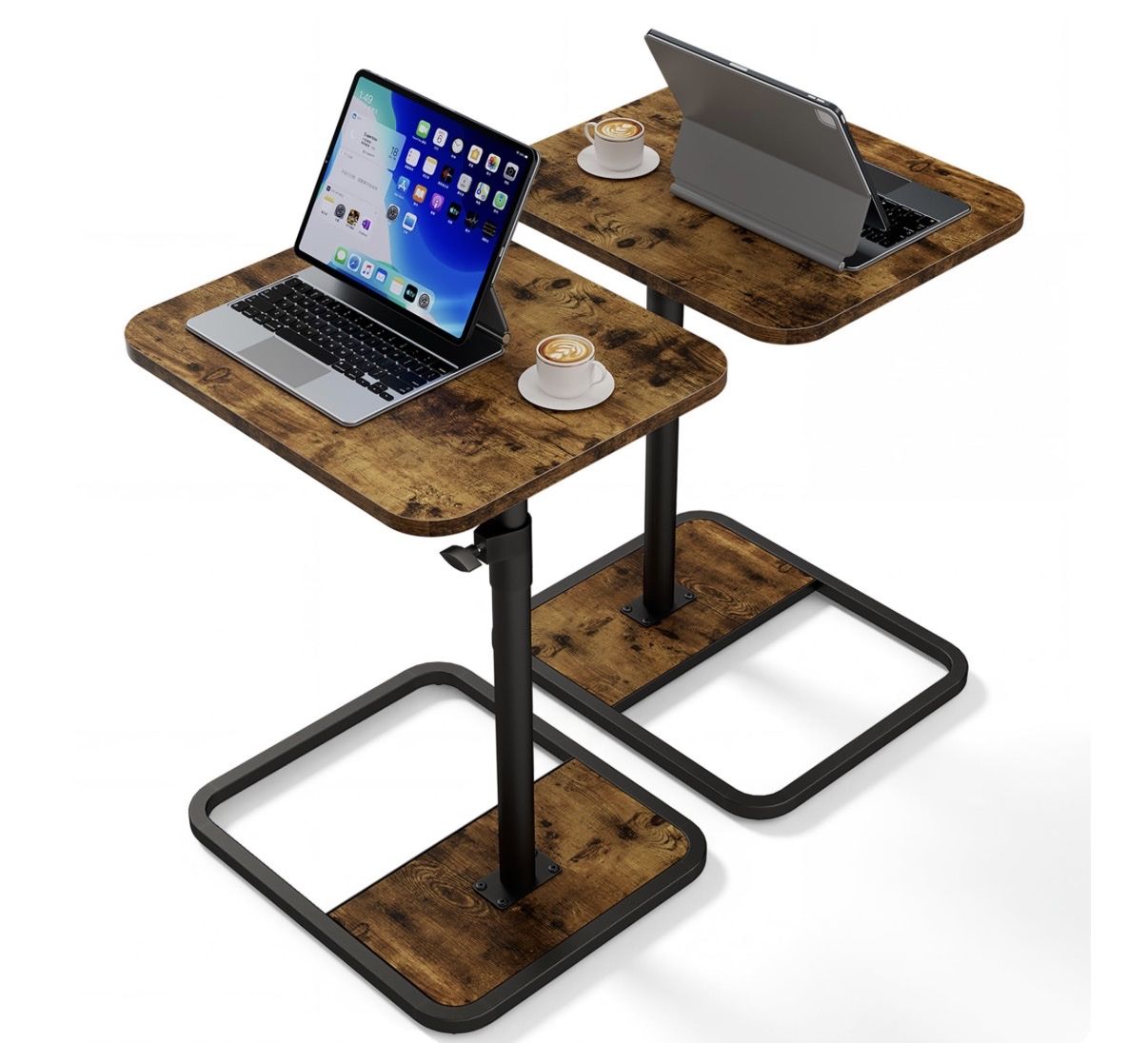 Adjustable C-Shaped Side Tables Rustic Brown Wood Top Metal Frame Set of 2