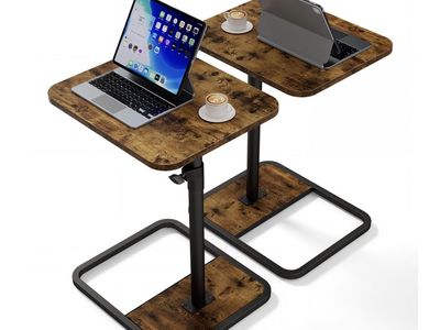 Adjustable C-Shaped Side Tables Rustic Brown Wood Top Metal Frame Set of 2