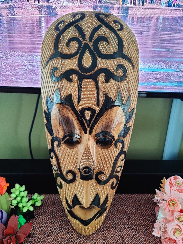 Hand-Carved Wooden Tribal Mask - Decorative Wall Hanging Art, 16-inch Length