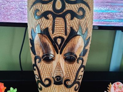Hand-Carved Wooden Tribal Mask - Decorative Wall Hanging Art, 16-inch Length