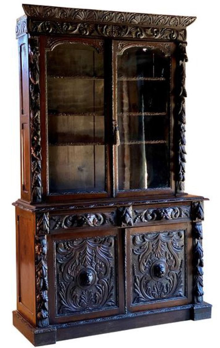 Antique Victorian Green Man Oak Bookcase / Hutch Gothic Glazed Two Doors, c. 1870