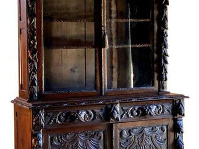 Antique Victorian Green Man Oak Bookcase / Hutch Gothic Glazed Two Doors, c. 1870
