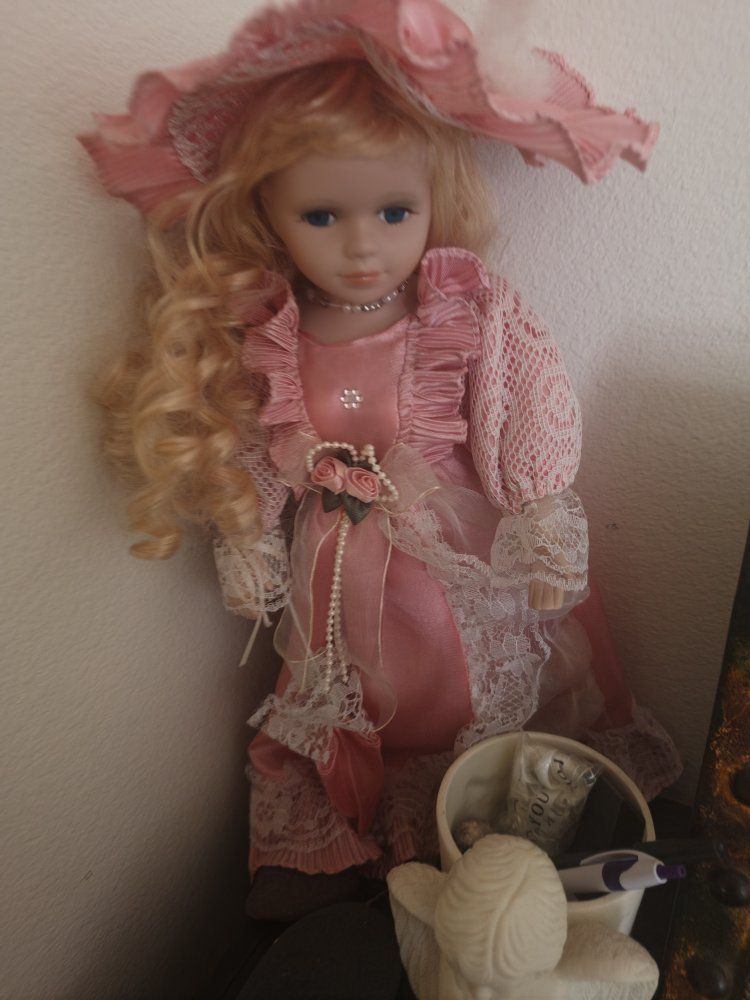 Vintage Porcelain Doll Blonde Hair Blue Eyes Pink Lace Dress & Hat Collectible Display Doll
