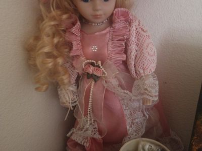 Vintage Porcelain Doll Blonde Hair Blue Eyes Pink Lace Dress & Hat Collectible Display Doll