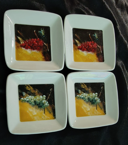 Set of 4 Small Decorative Square White Dishes with Fruit Design - Snack/Tea Plates-Fragiles