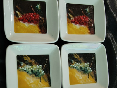 Set of 4 Small Decorative Square White Dishes with Fruit Design - Snack/Tea Plates-Fragiles