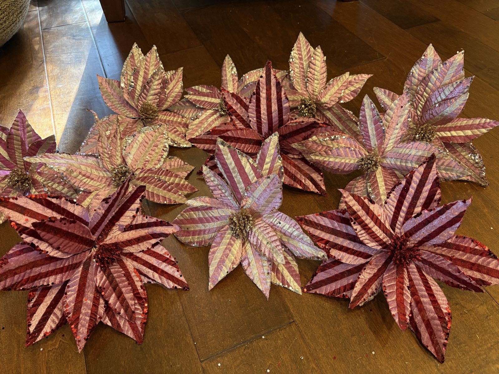 11 New Large Sparkly Clip On Poinsettia Ornaments 