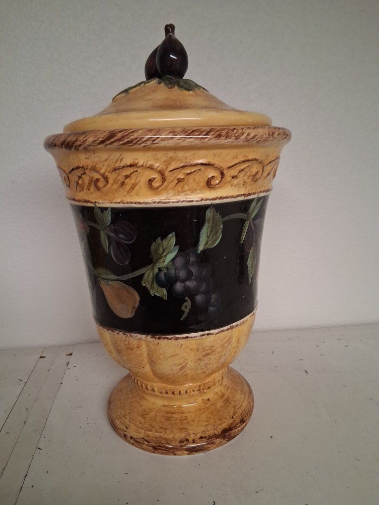 Large Ceramic Canister Jar with Fruit Design - Hand-Painted Decorative Storage for Kitchen or Home