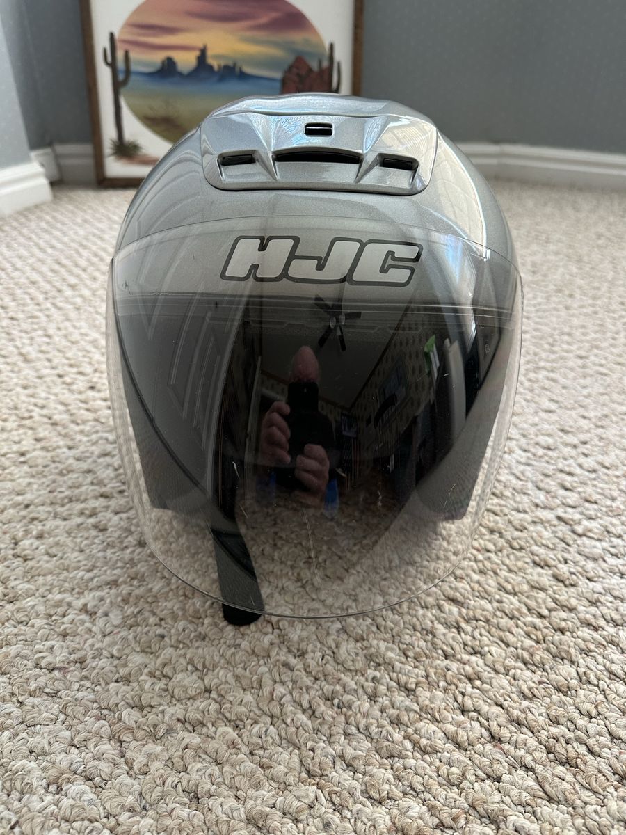 HJC Silver Open-Face Motorcycle Helmet with Clear Flip Up Visor - Size XL