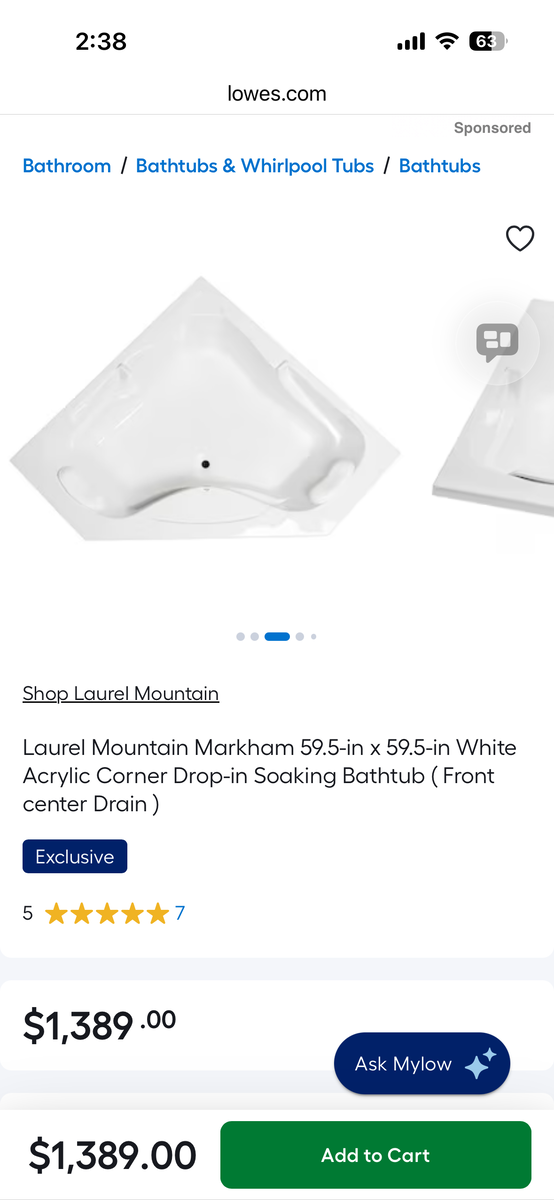 Brand New Corner Soaking Bathtub - 40% off Retail - Cash Only