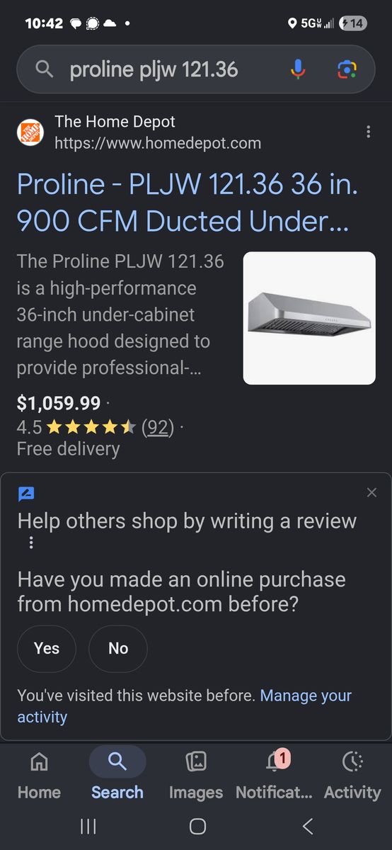 New proline range hood 36" under cabinet mount