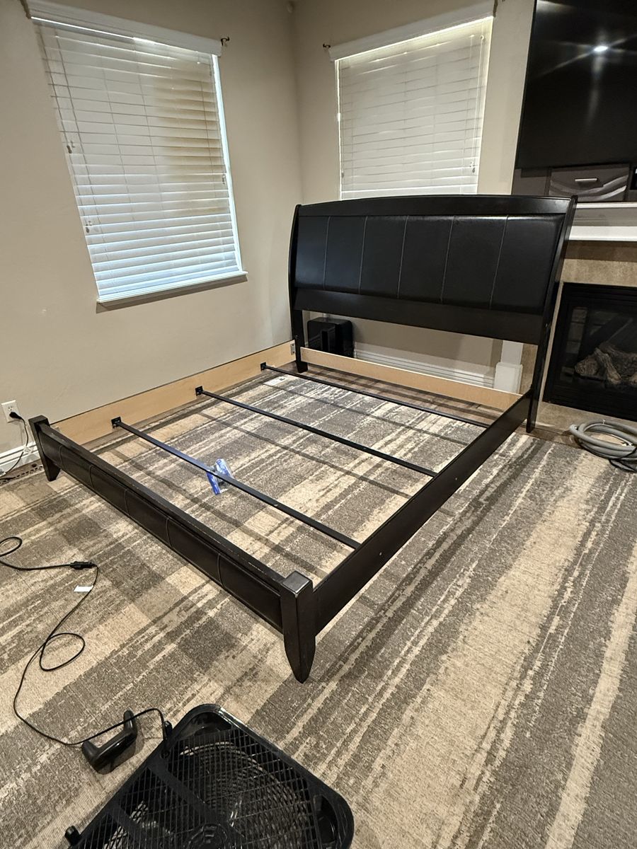 King Size Dark Espresso Upholstered Sleigh Bed Frame with Box Springs