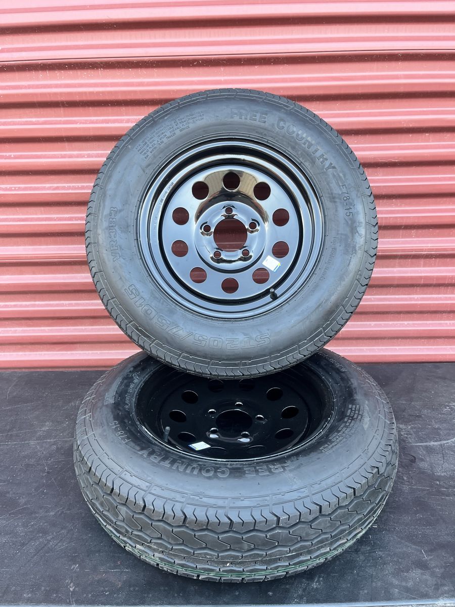Set of 2 Free Country ST 205/75 D 15 Trailer Tires Mounted on New Black Mod Wheels 5 on 4.5 Pattern Brand New
