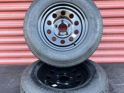Set of 2 Free Country ST 205/75 D 15 Trailer Tires Mounted on New Black Mod Wheels 5 on 4.5 Pattern Brand New