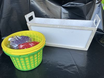 Decorative Wooden Planter Box with Handles & Green/Yellow Baskets w/ Purple/Red Filler