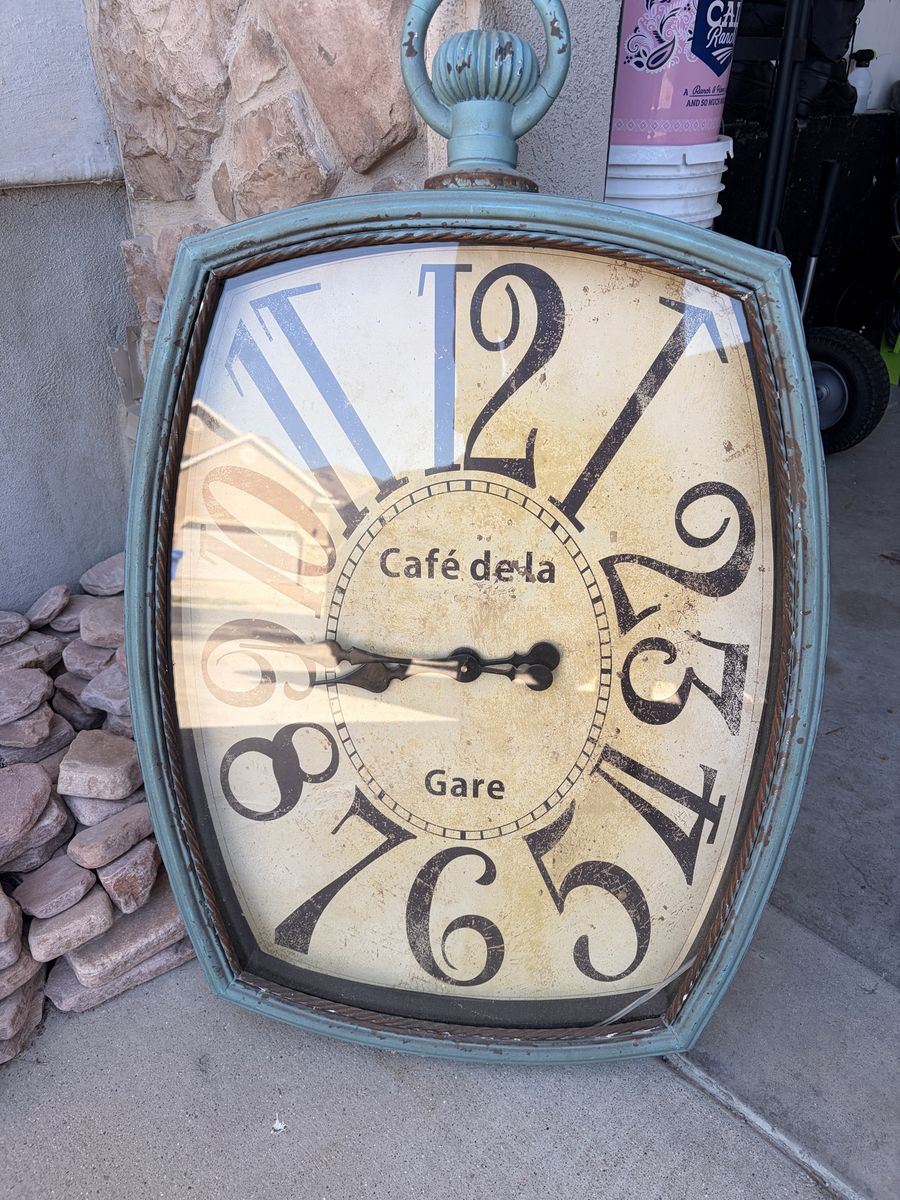 Large Cafe de la Gare Wall Clock - Distressed Blue/Brown, Vintage Pocket Watch Style Decor