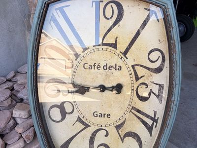 Large Cafe de la Gare Wall Clock - Distressed Blue/Brown, Vintage Pocket Watch Style Decor