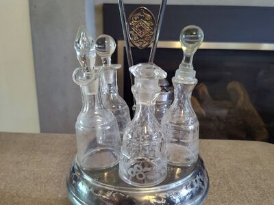 Victorian Silver Plate Etched Glass Cruet Condiment Set & Stand