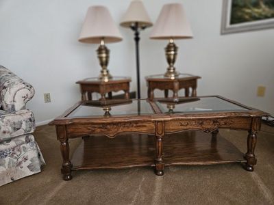 Vintage Oak Wood Coffee Table & Hexagonal End Tables Set - Glass Tops, Ornate Carving