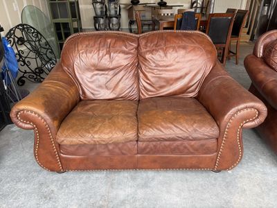 Brown Leather Loveseat Sofa and chair Nailhead Trim