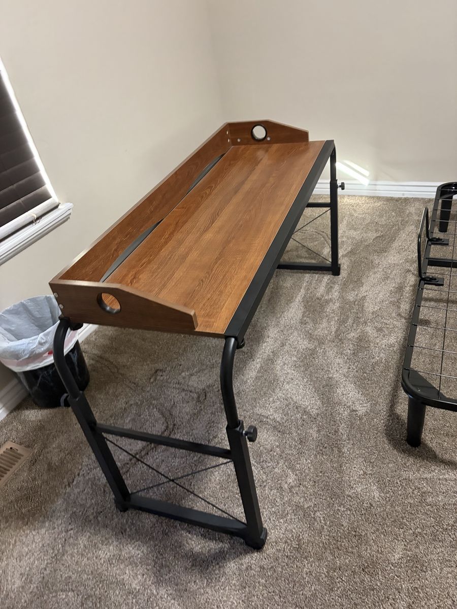 BYMECOST Adjustable Rolling Over-the-Bed Table Desk with Wheels - Queen Size, Wood Finish