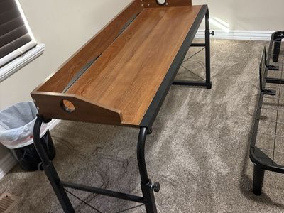 BYMECOST Adjustable Rolling Over-the-Bed Table Desk with Wheels - Queen Size, Wood Finish