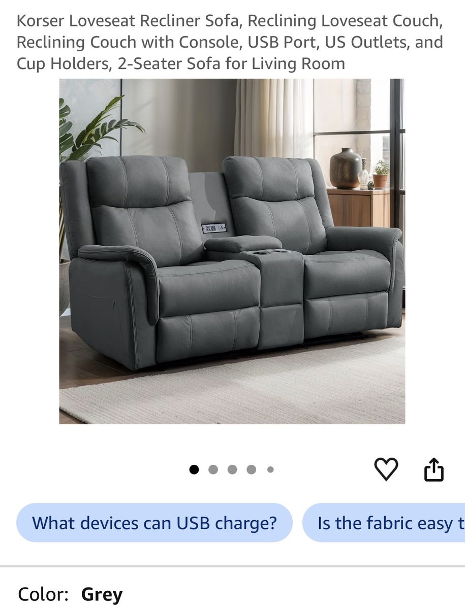 Korser Reclining Loveseat Sofa w/ Console, USB Ports, Outlets & Cup Holders - 2-Seater, Grey