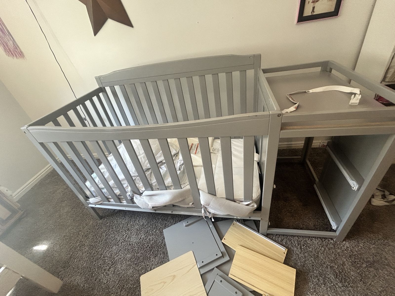 Convertible Crib with Changing Table - Grey (used)