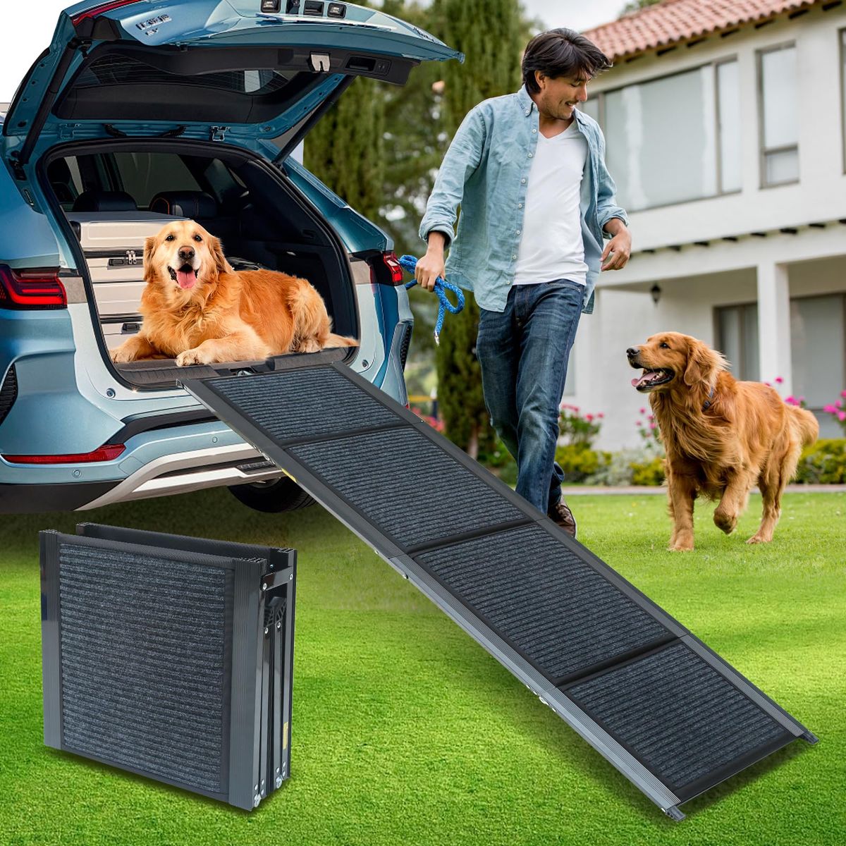 New 63” x 17” Foldable Aluminum Dog Ramp – 63-Inch Length for Standard Cars & SUVs, 250 lb Capacity