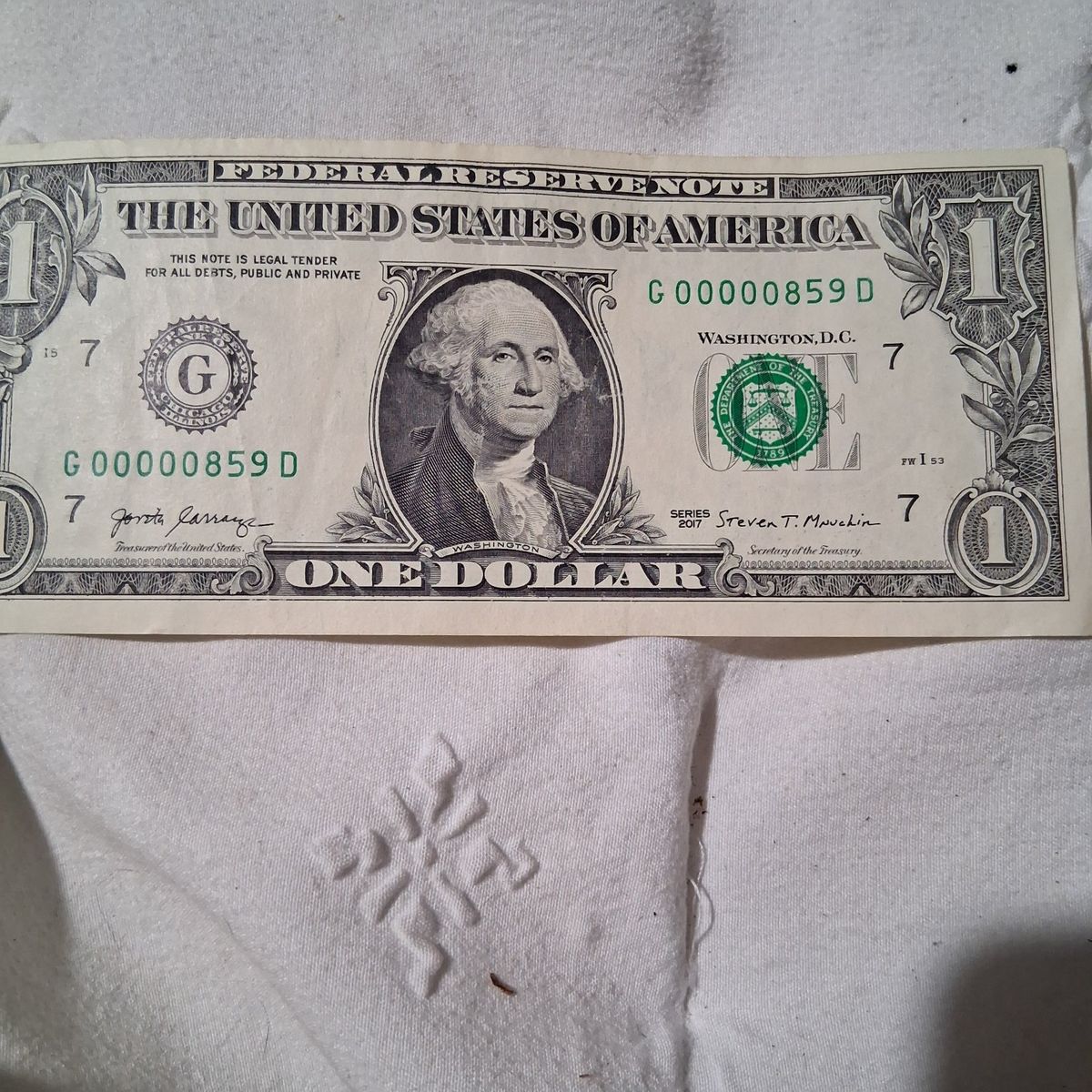 WOW LOW Serial Number US One Dollar Federal Reserve Note Series 2017 