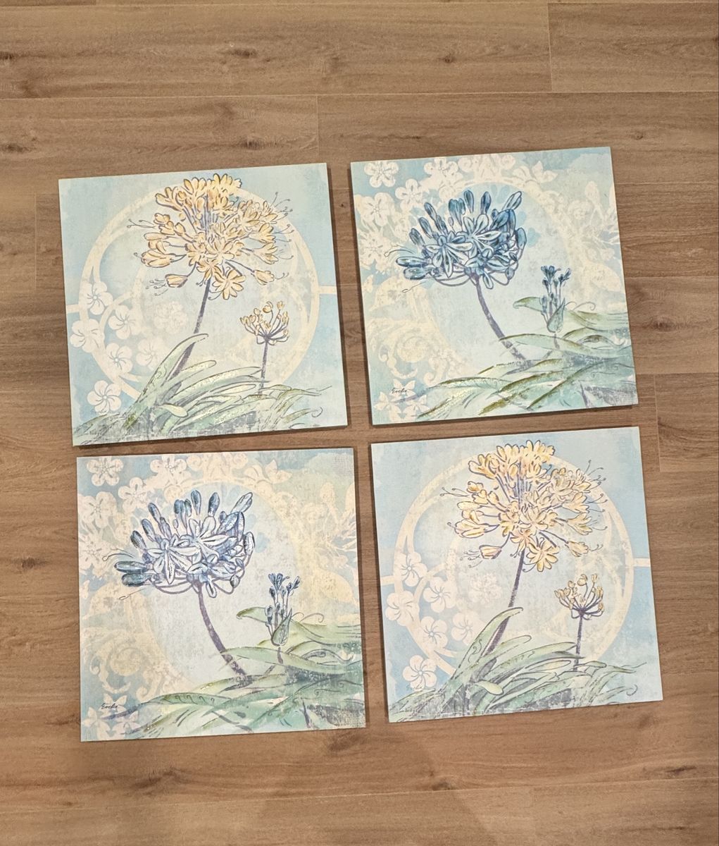 Set of 4 Floral Canvas Wall Art Prints - Blue & Yellow Botanical Decor, 24x24”