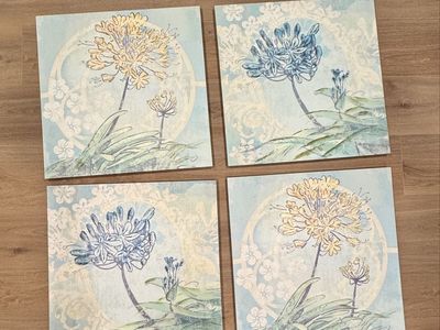 Set of 4 Floral Canvas Wall Art Prints - Blue & Yellow Botanical Decor, 24x24”
