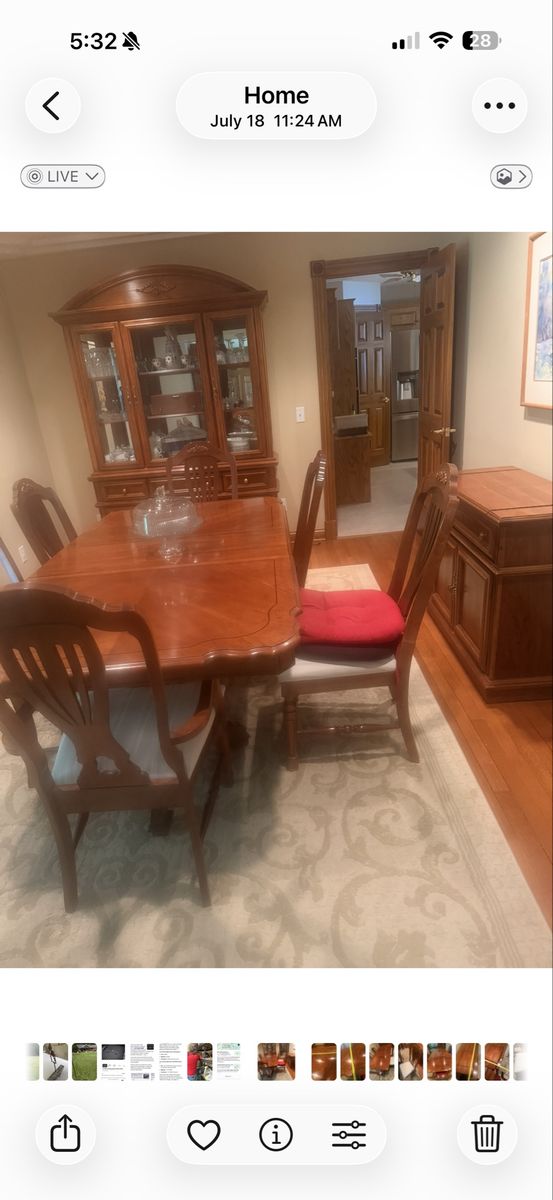 Dining Table with upholstered chairs, China cabinet and surfing table. Includes two extra leaves.