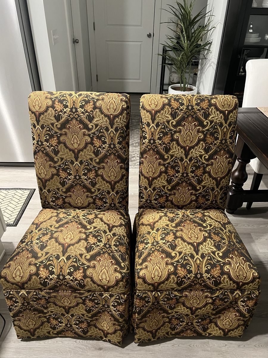 Set of 2 Upholstered Pottery Barn Roll Back Dining Chairs - Patterned Fabric, Traditional Style