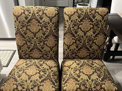 Set of 2 Upholstered Pottery Barn Roll Back Dining Chairs - Patterned Fabric, Traditional Style
