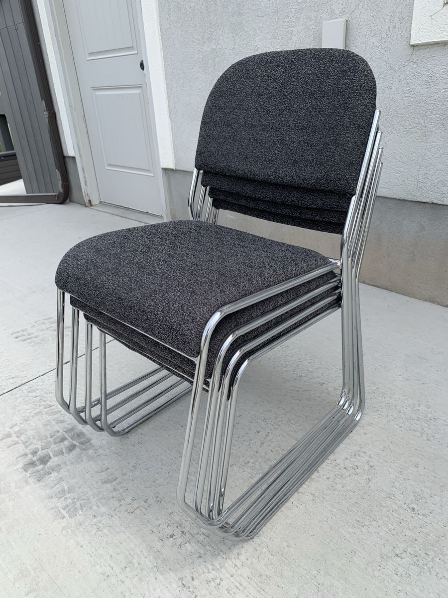 Set of 4 Chrome Cantilever Stacking Chairs - Dark Grey Upholstered
