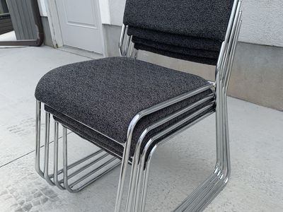 Set of 4 Chrome Cantilever Stacking Chairs - Dark Grey Upholstered