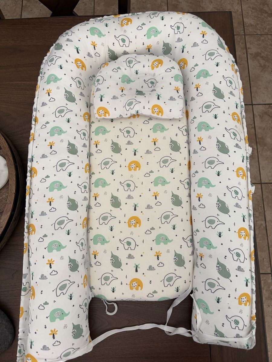 Baby Lounger Nest with Matching Head Support Pillow - Elephant Pattern