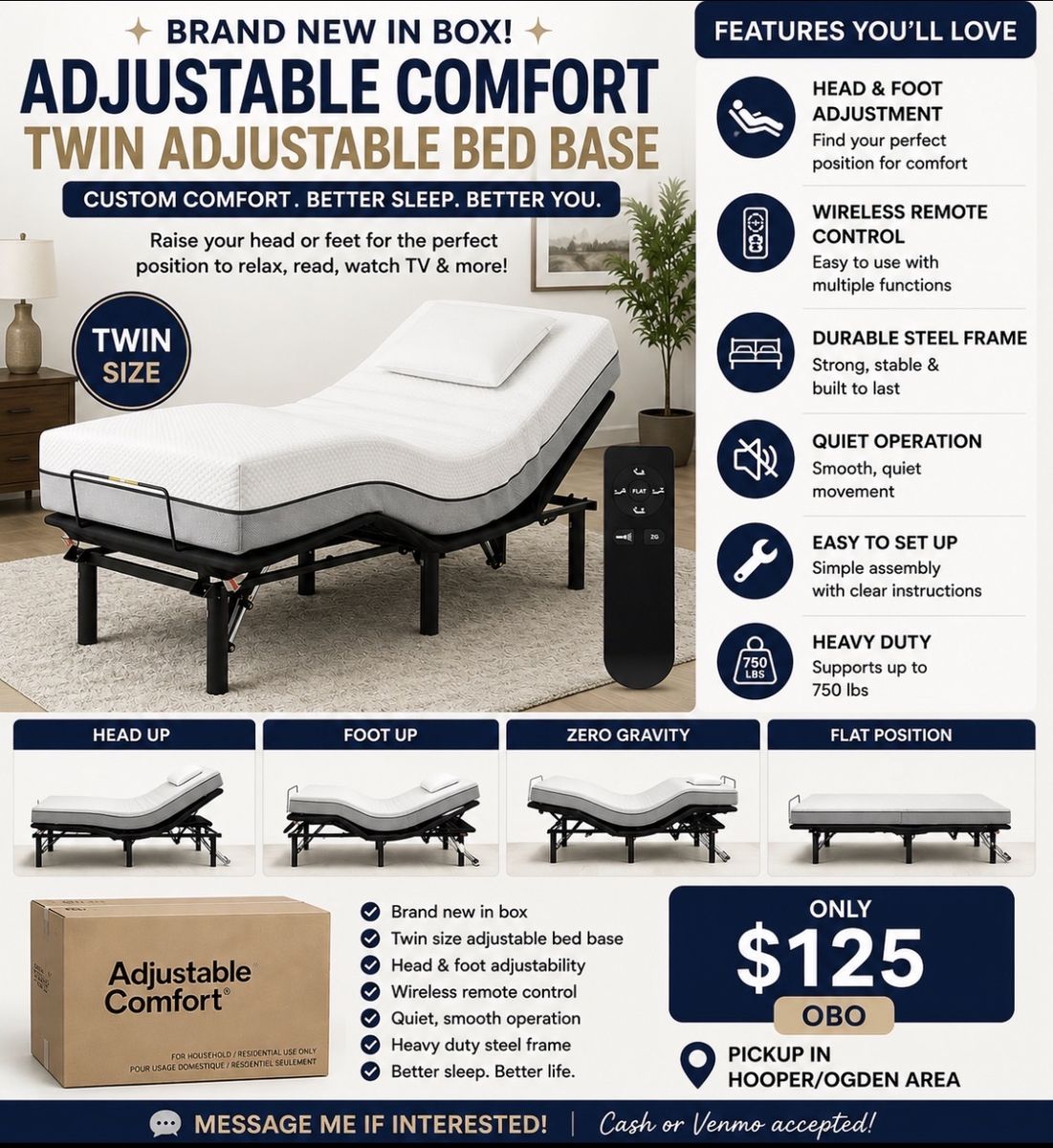 Adjustable Comfort Twin Adjustable Bed Base w/ Head & Foot Adjustment & Wireless Remote, New in Box