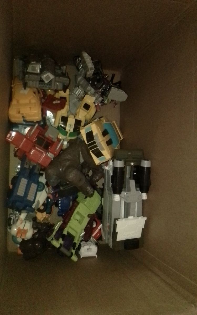 Box of Vintage Action Figures and Transforming Toys