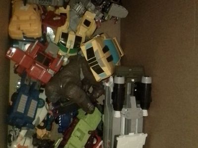 Box of Vintage Action Figures and Transforming Toys