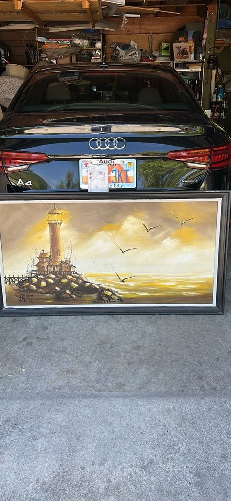 Vintage Oil Painting On Board Coastal Lighthouse