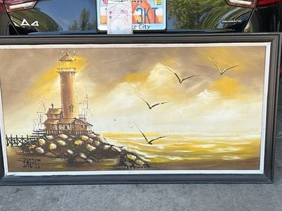 Vintage Oil Painting On Board Coastal Lighthouse