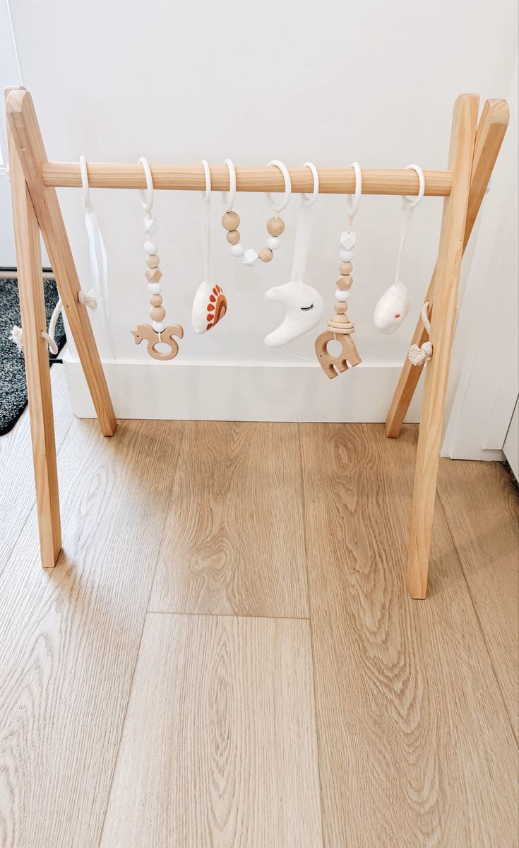 Wooden Baby Play Gym with Hanging Toys - Rainbow, Moon, Cloud, Elephant, Horse