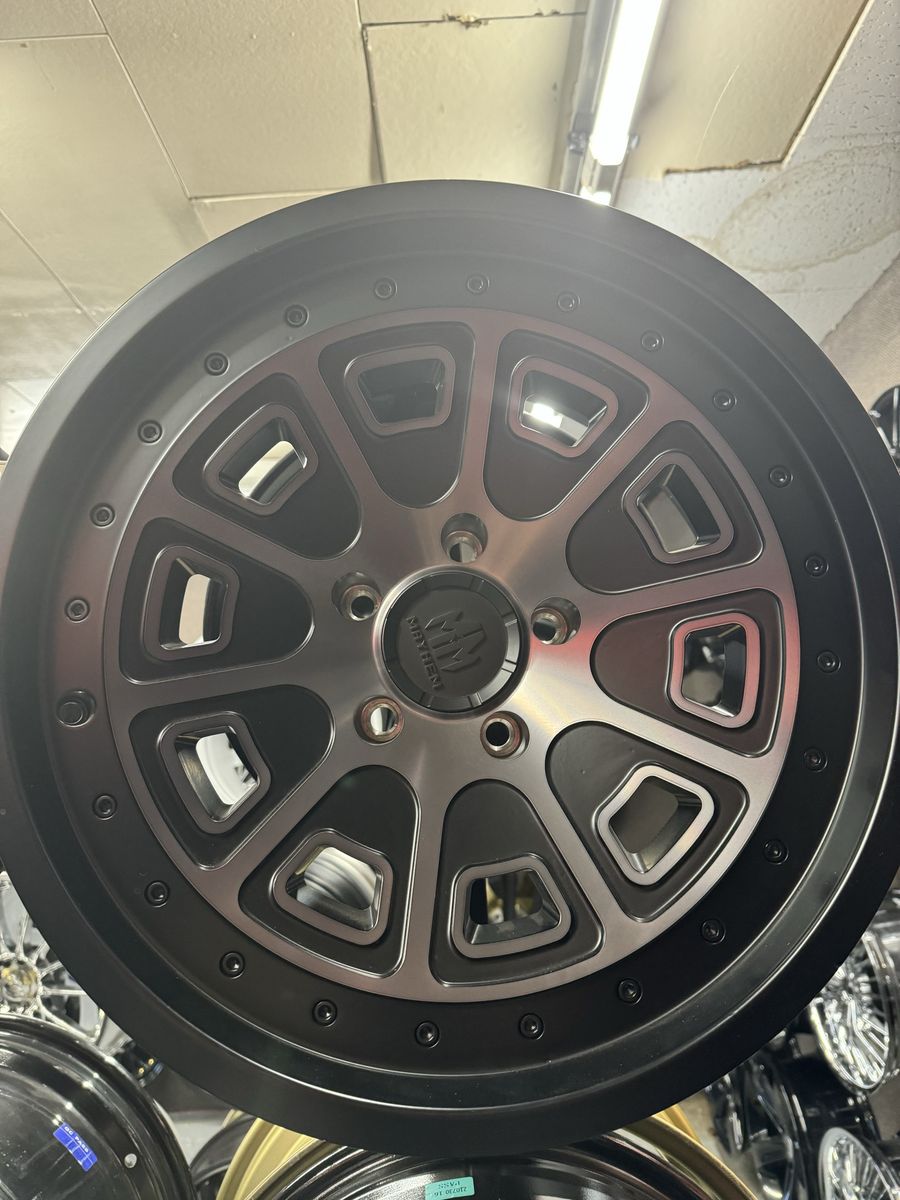 Brand New set of 4 wheels Mayhem 8301 Flat Iron  size 18x9.0 lug pattern 5x127 Wheel, Black W/ Dark Tint, Offset 0
