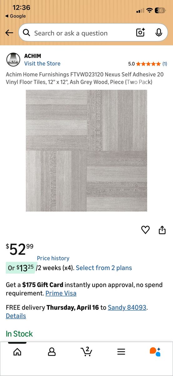 80 SQ FT VINYL TILE SELF STICK (4 BOXES)
