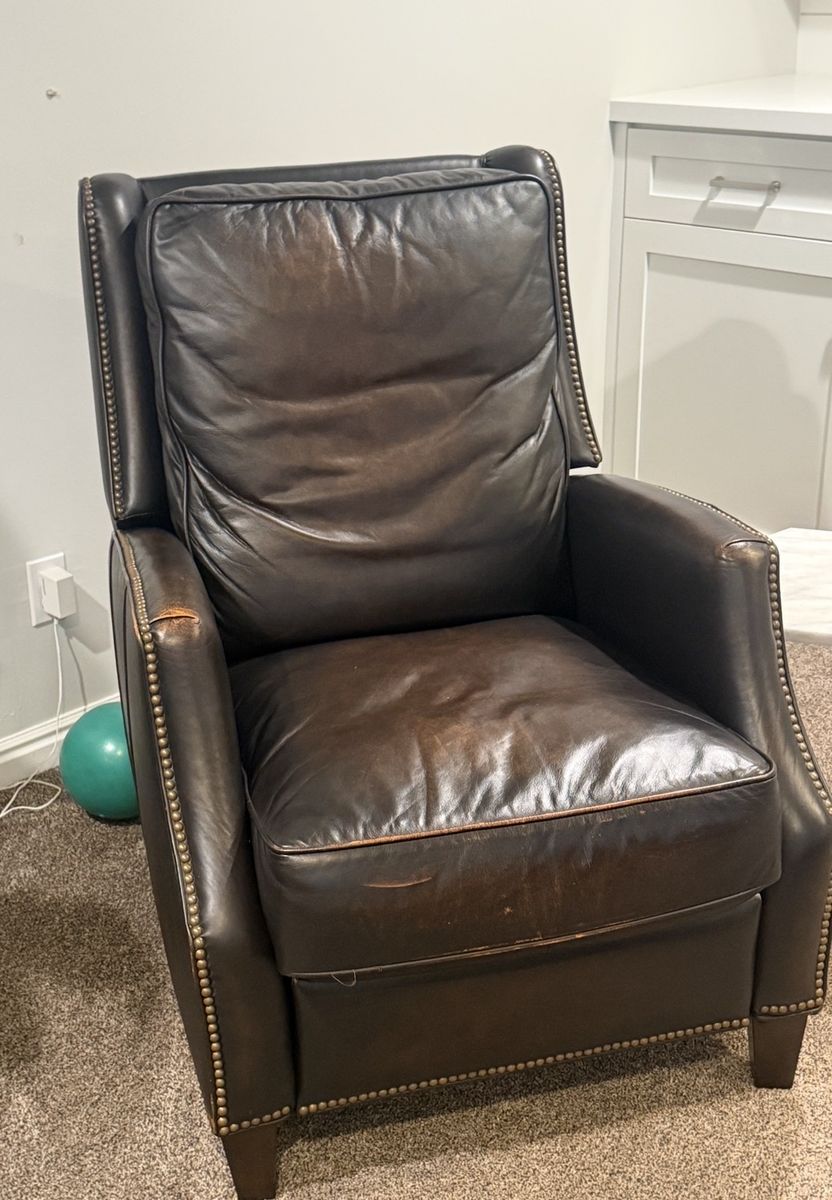 Used Dark Brown Leather Recliner Armchair with Nailhead Trim
