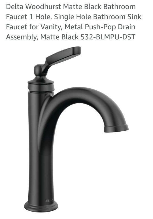 Delta Woodhurst/Kraus Matte Black Bathroom Faucet 1 Hole Single Hole Sink Faucet for Vanity Metal Push-Pop Drain