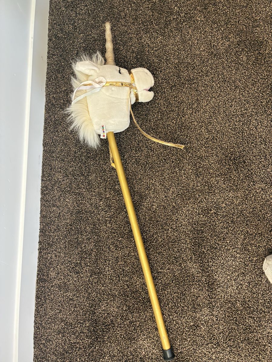 White Unicorn Hobby Horse with Gold Stick - Good Condition Toy